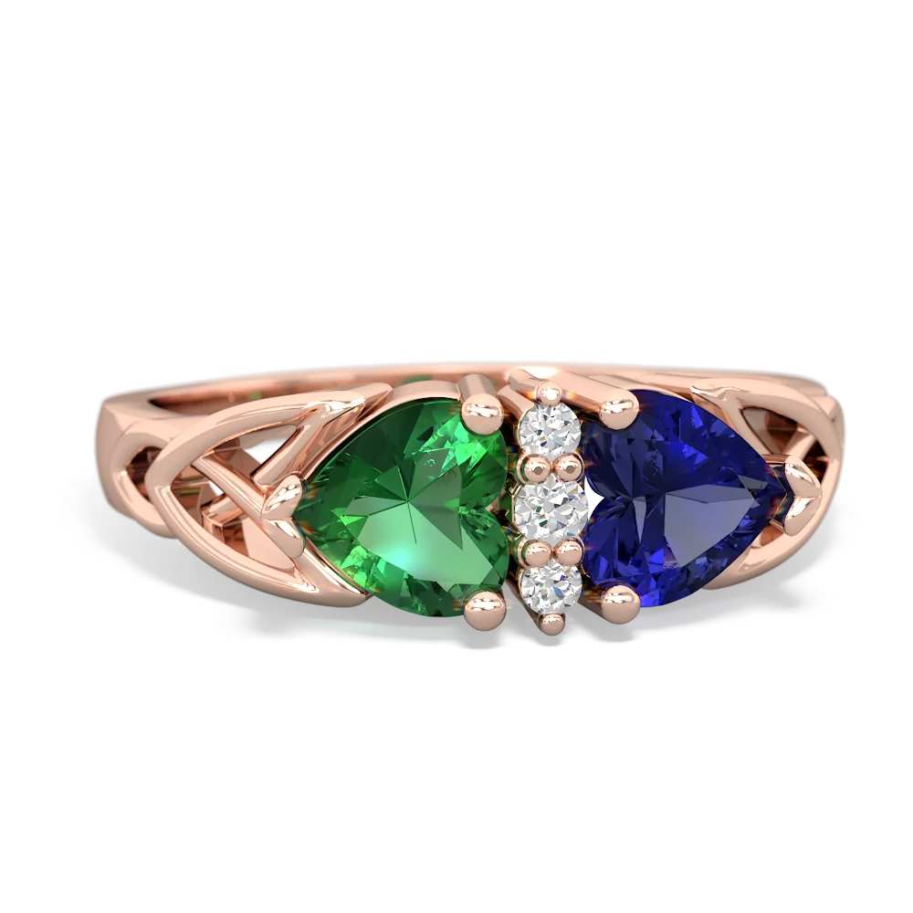 Lab Emerald Celtic Knot Double Heart 14K Rose Gold ring R5040