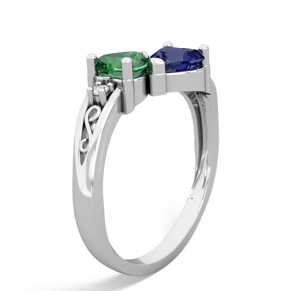 Lab Emerald Snuggling Hearts 14K White Gold ring R2178