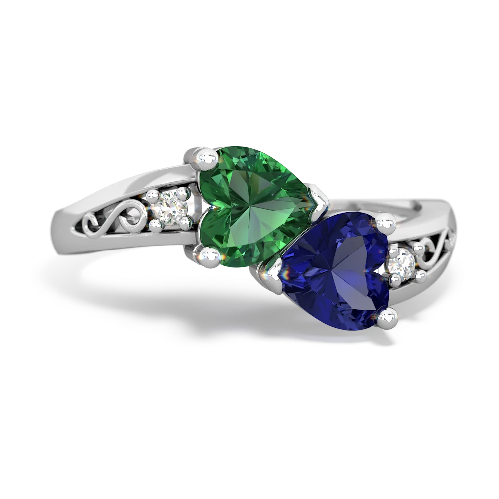 Lab Emerald Snuggling Hearts 14K White Gold ring R2178