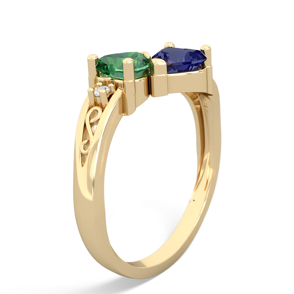 Lab Emerald Snuggling Hearts 14K Yellow Gold ring R2178