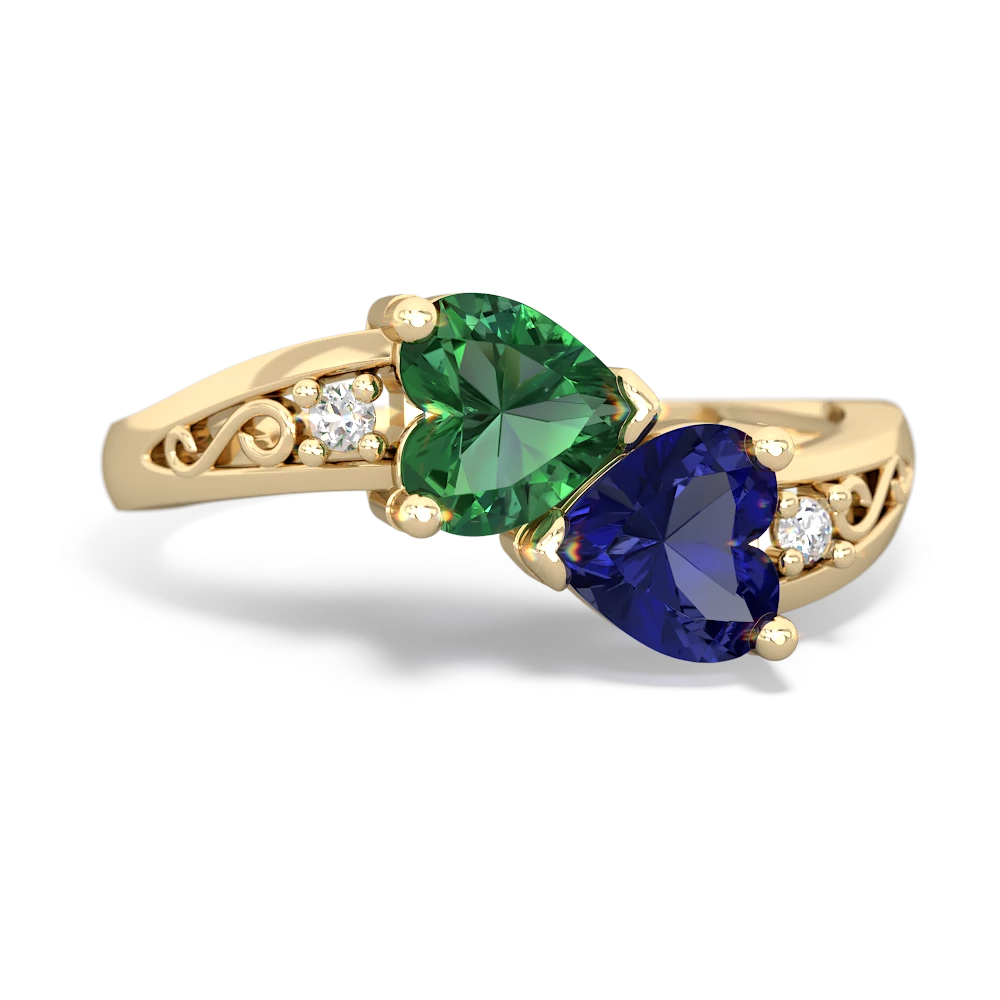 Lab Emerald Snuggling Hearts 14K Yellow Gold ring R2178