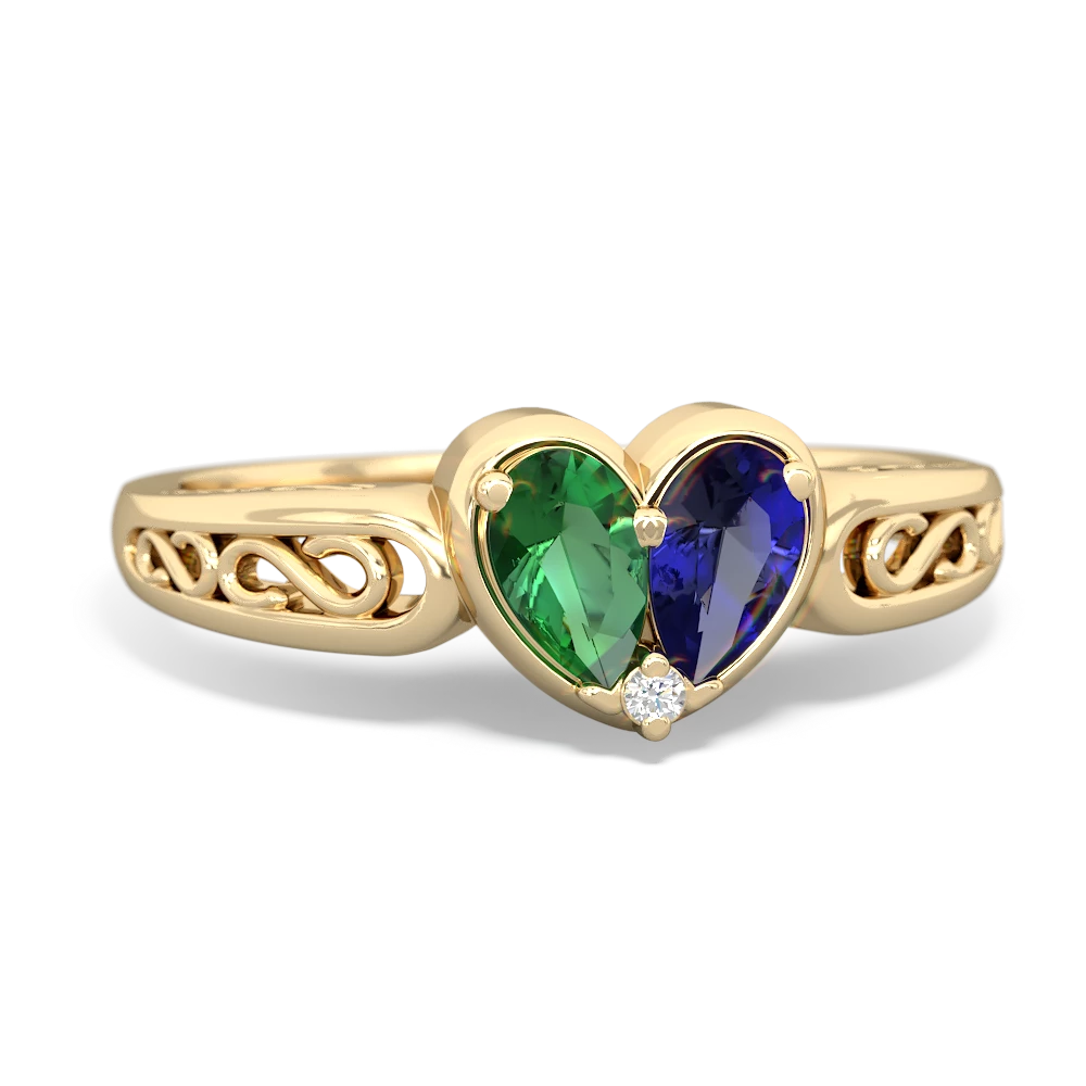 Lab Emerald Filligree 'One Heart' 14K Yellow Gold ring R5070