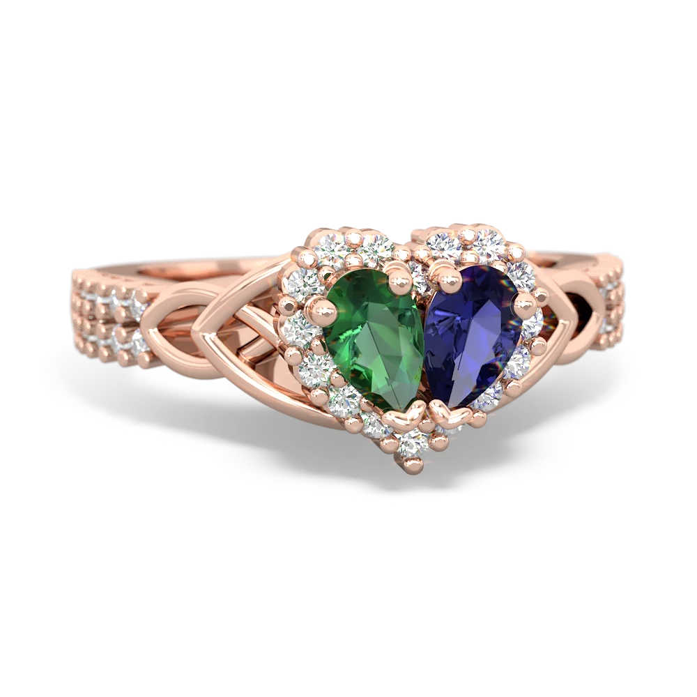 Lab Emerald Celtic Knot Two Hearts As One 14K Rose Gold ring R2644HRT