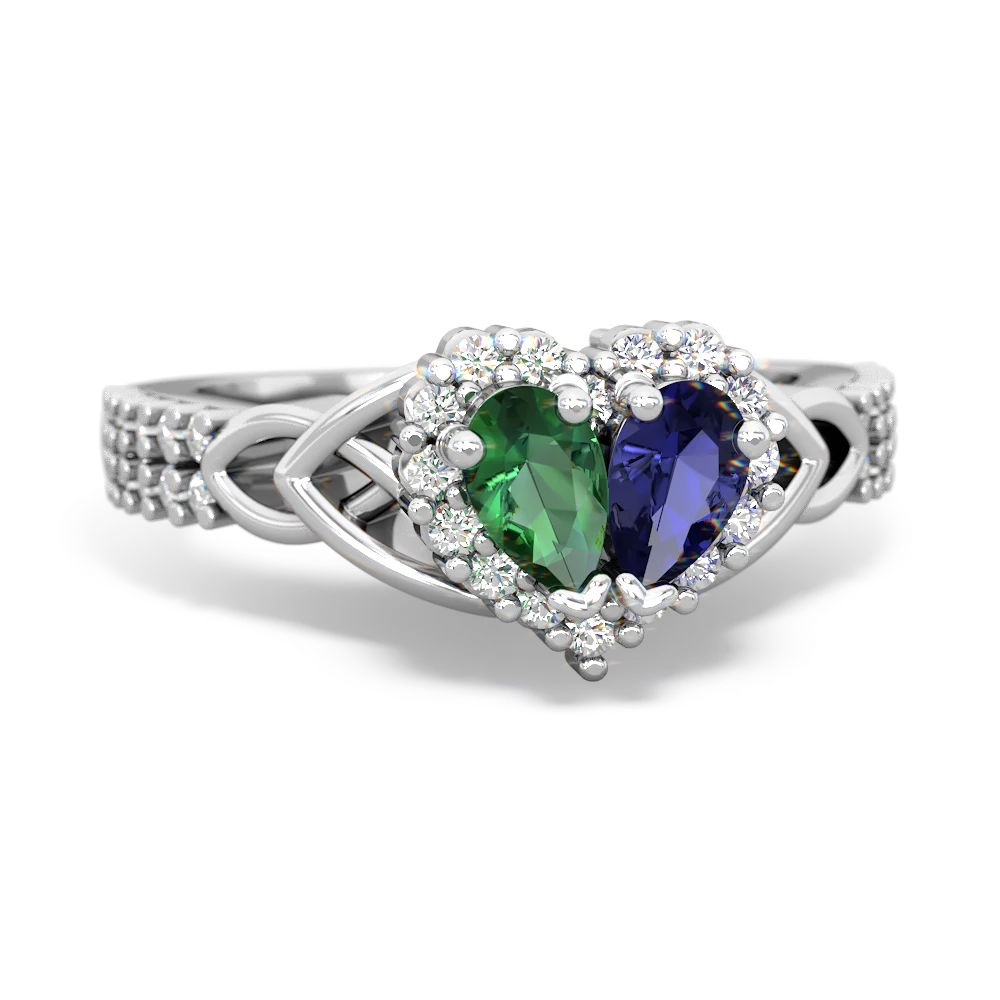 Lab Emerald Celtic Knot Two Hearts As One 14K White Gold ring R2644HRT