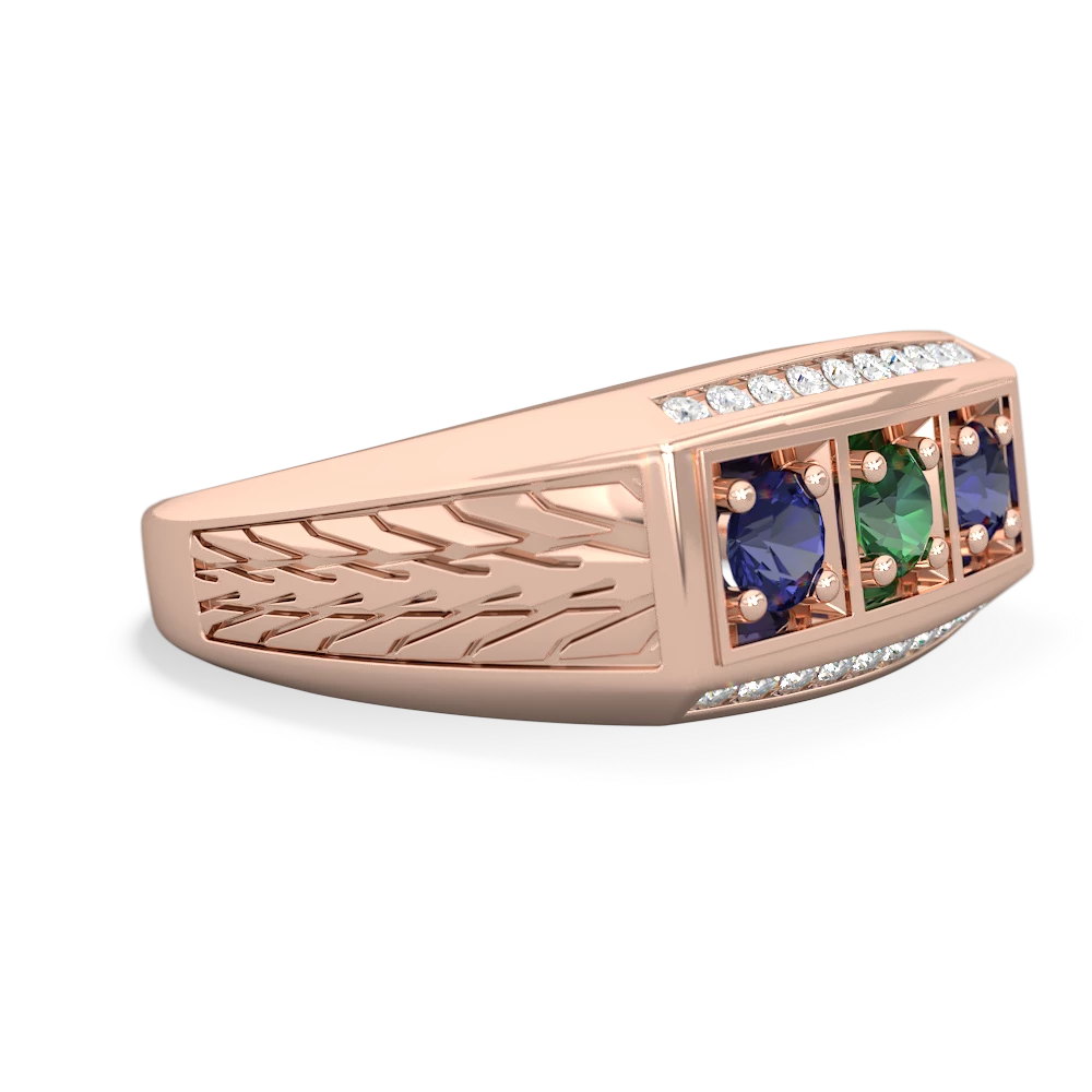 Lab Emerald Three Stone Tire Tread Men's 14K Rose Gold ring R0520