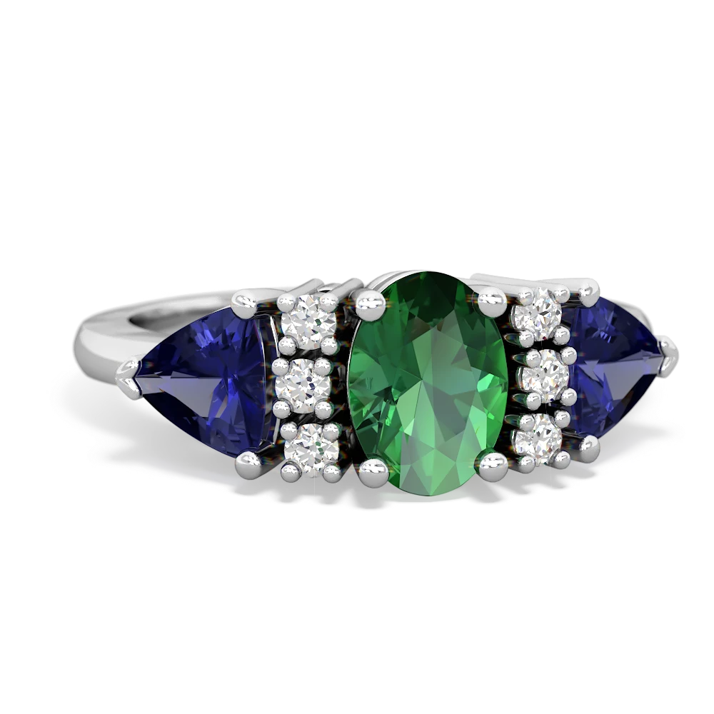 Lab Emerald Antique Style Three Stone 14K White Gold ring R2186