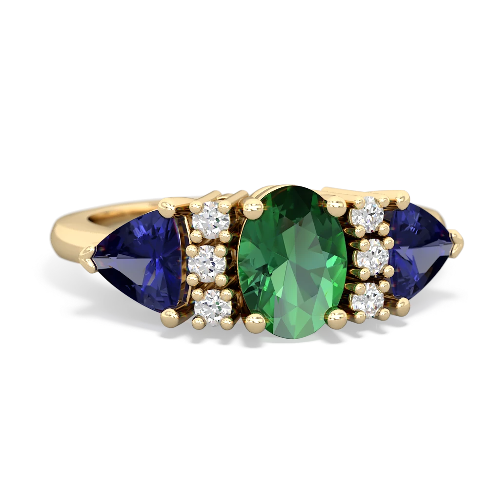 Lab Emerald Antique Style Three Stone 14K Yellow Gold ring R2186