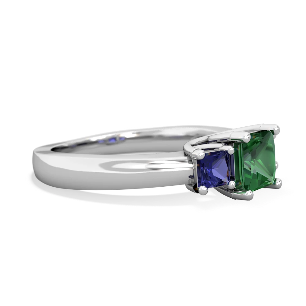 Lab Emerald Three Stone Trellis 14K White Gold ring R4015