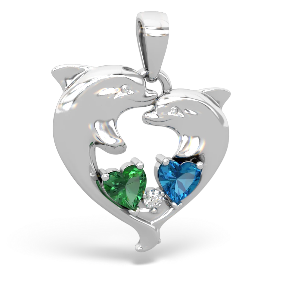 Lab Emerald Dolphin Heart 14K White Gold pendant P5820