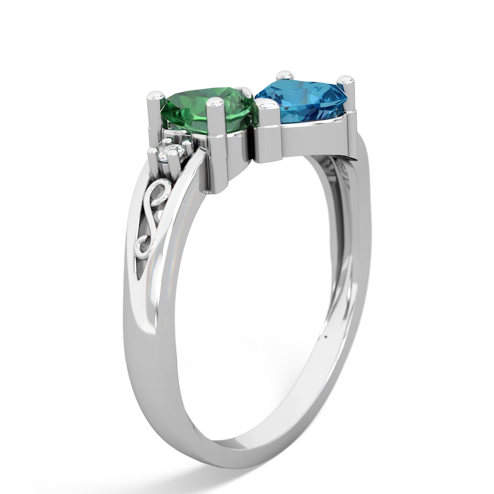 Lab Emerald Snuggling Hearts 14K White Gold ring R2178