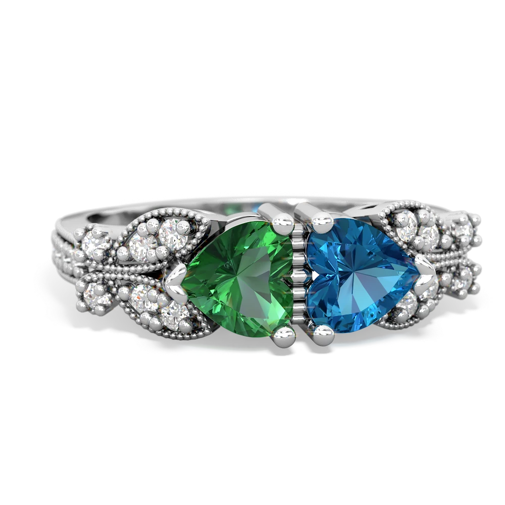 Lab Emerald Diamond Butterflies 14K White Gold ring R5601