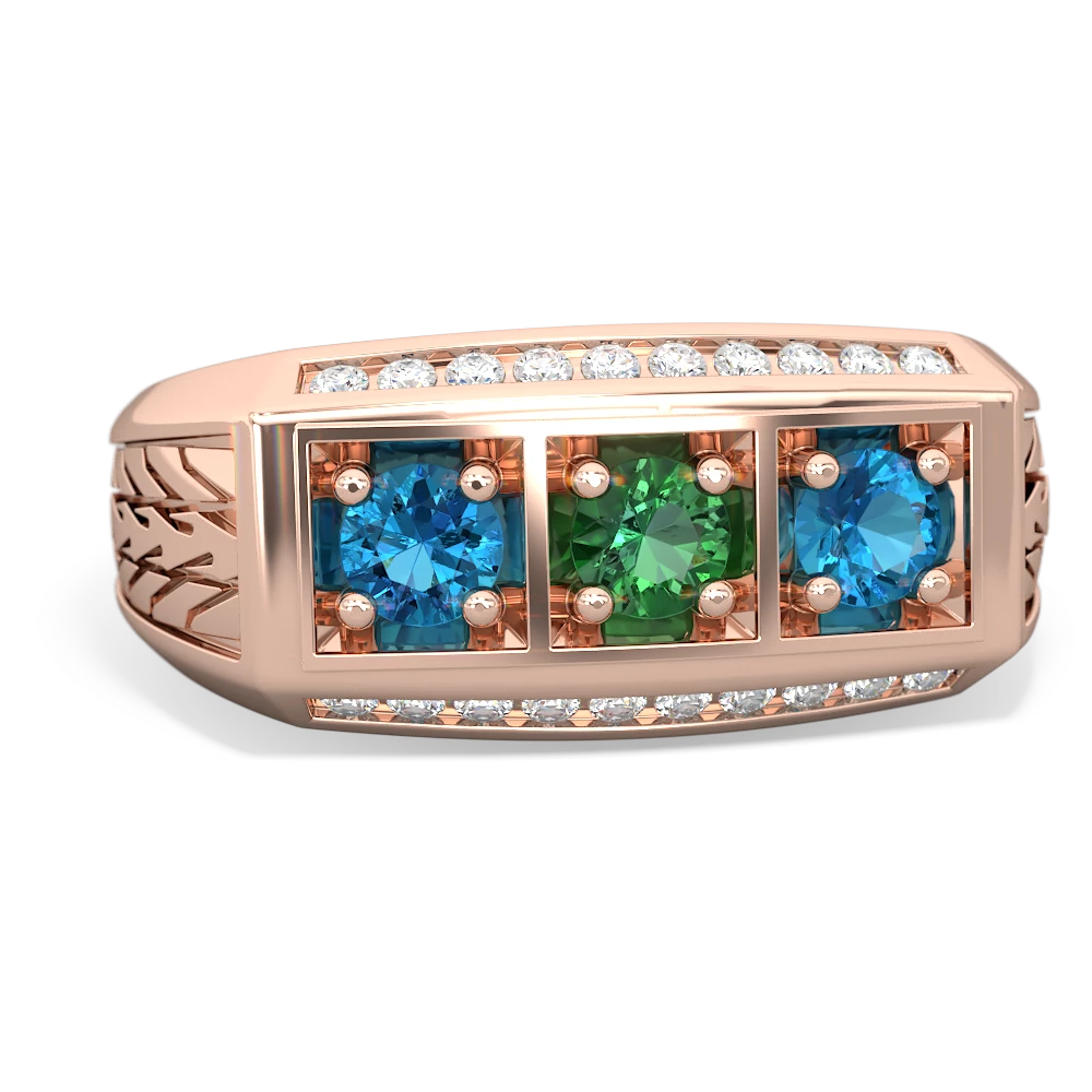 Lab Emerald Three Stone Tire Tread Men's 14K Rose Gold ring R0520