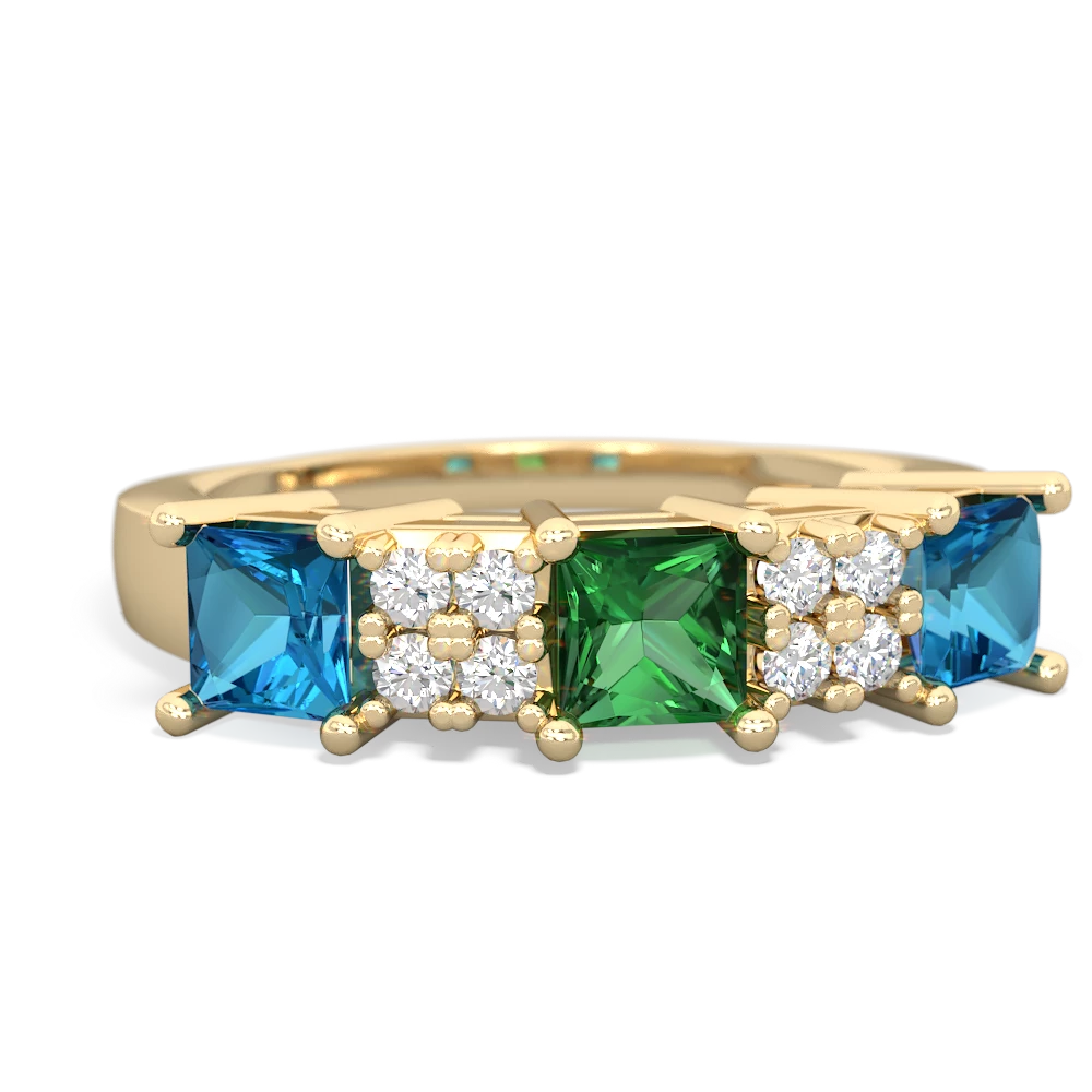 Lab Emerald Three Stone Diamond Cluster 14K Yellow Gold ring R2592