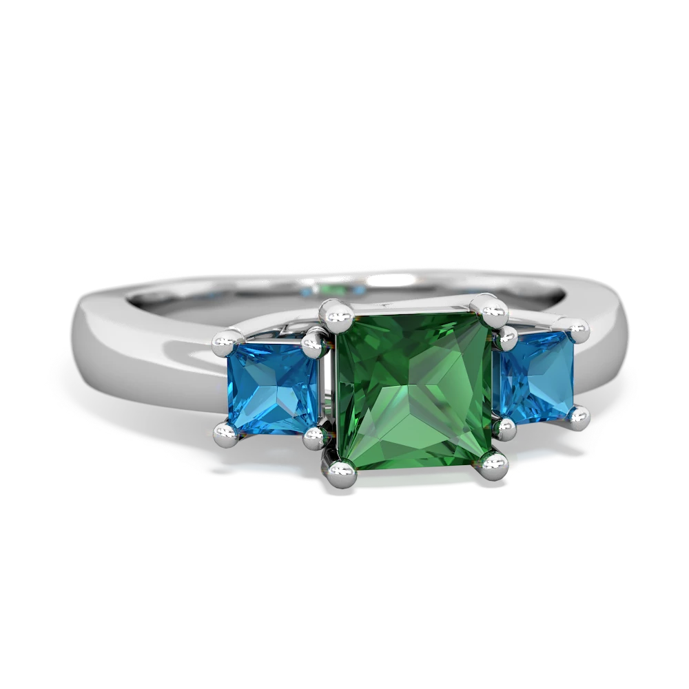 Lab Emerald Three Stone Trellis 14K White Gold ring R4015