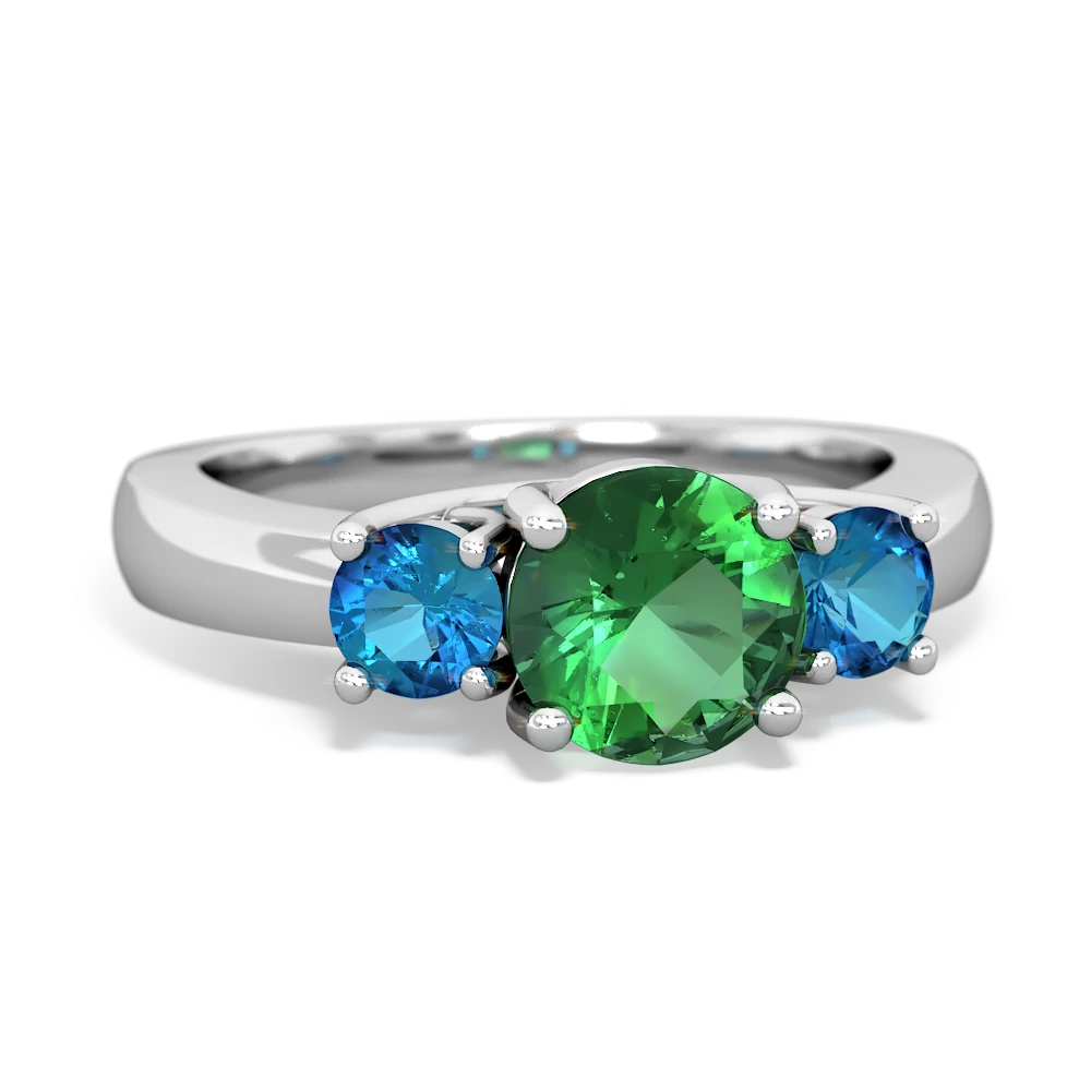 Lab Emerald Three Stone Round Trellis 14K White Gold ring R4018