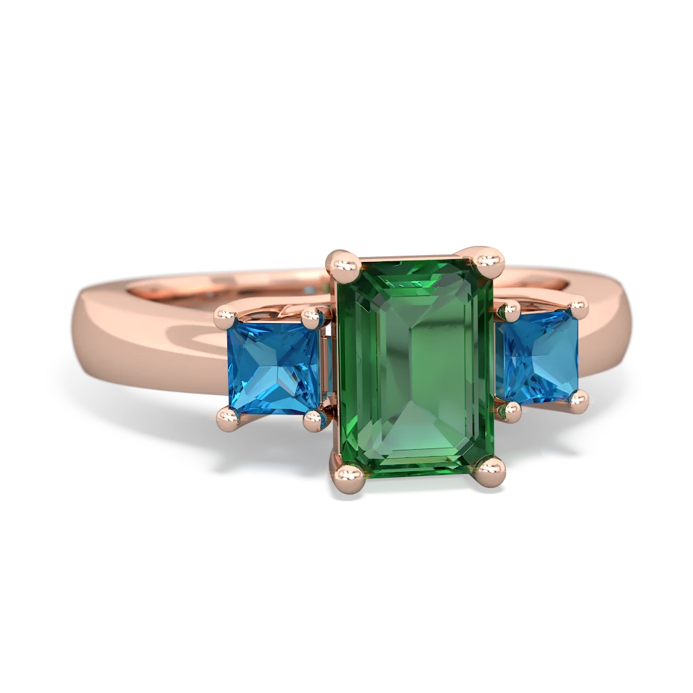 Lab Emerald Three Stone Emerald-Cut Trellis 14K Rose Gold ring R4021