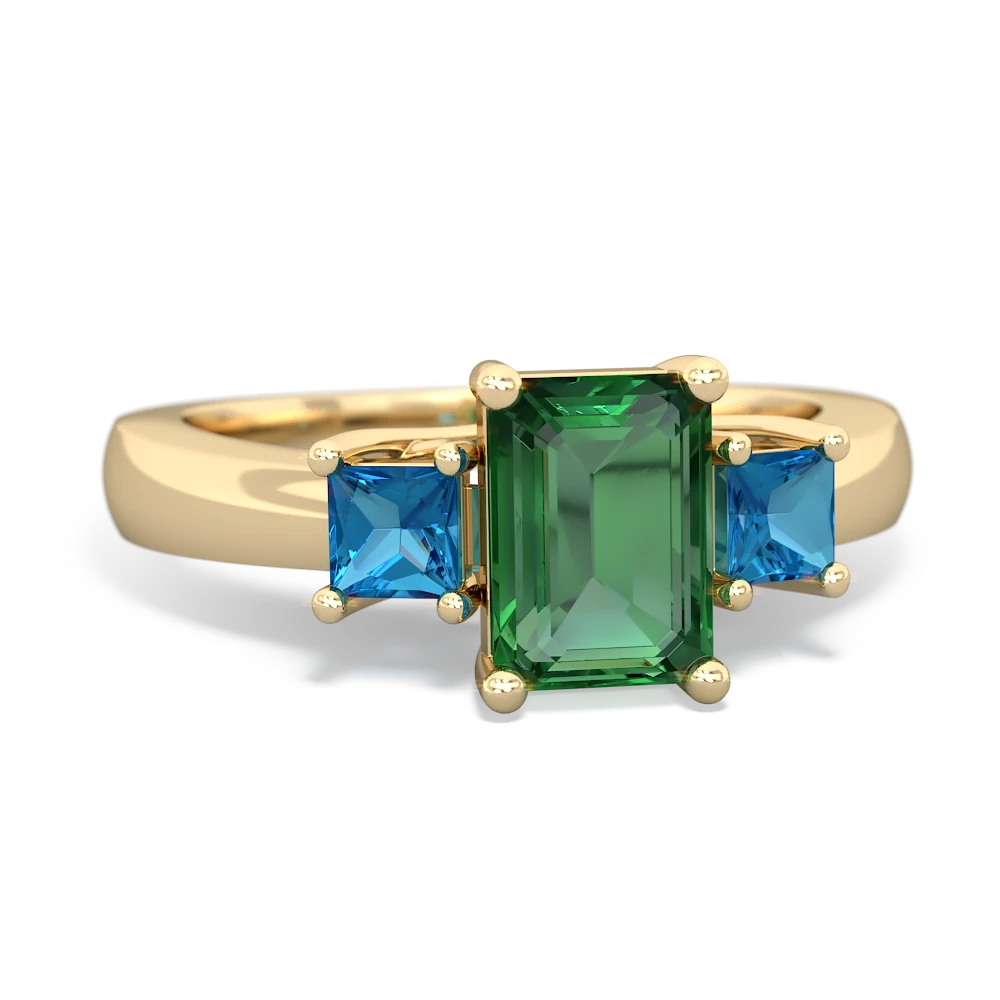 Lab Emerald Three Stone Emerald-Cut Trellis 14K Yellow Gold ring R4021