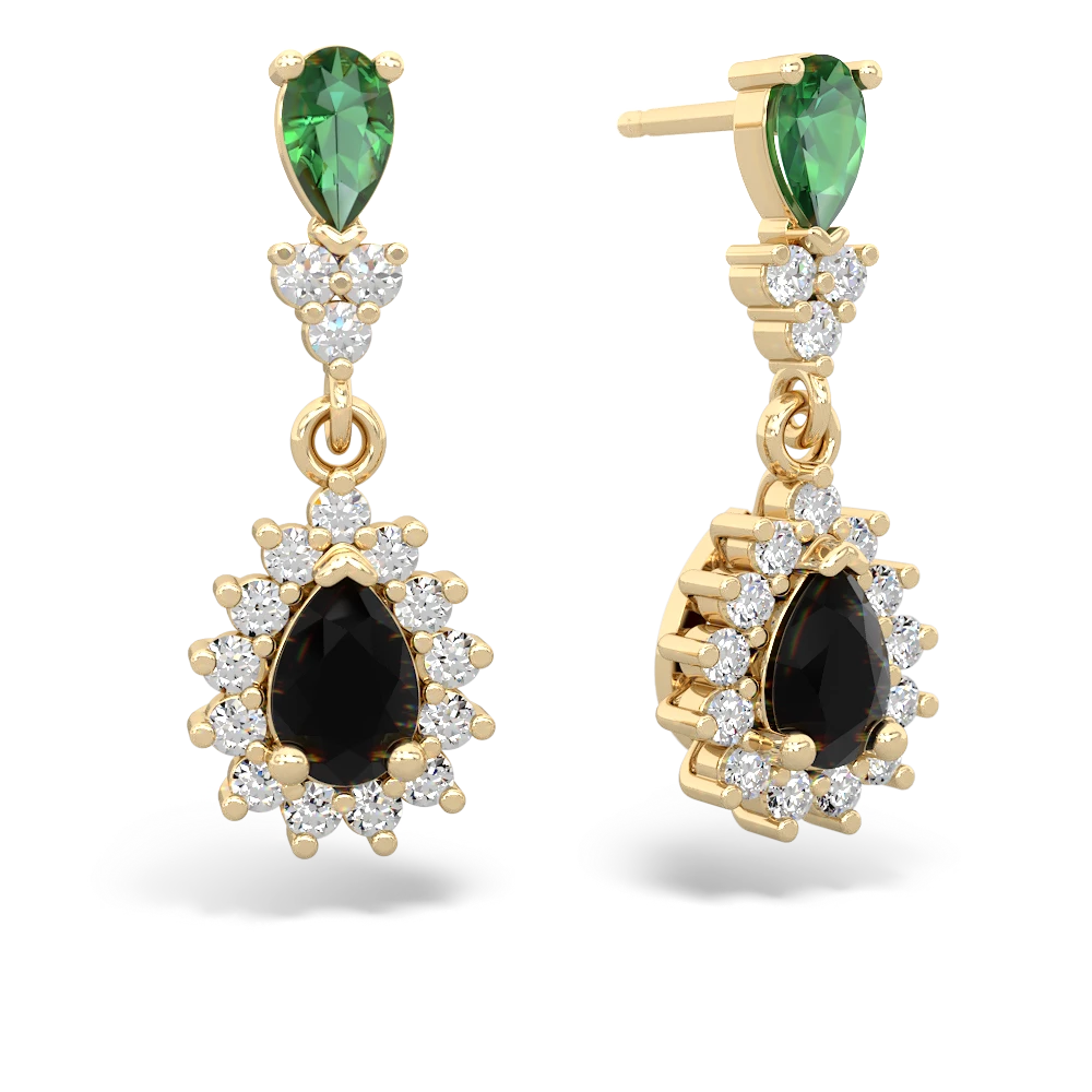 Lab Emerald Halo Pear Dangle 14K Yellow Gold earrings E1882