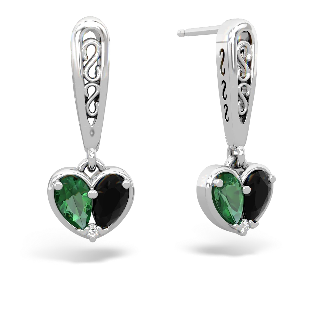 Lab Emerald Filligree Heart 14K White Gold earrings E5070