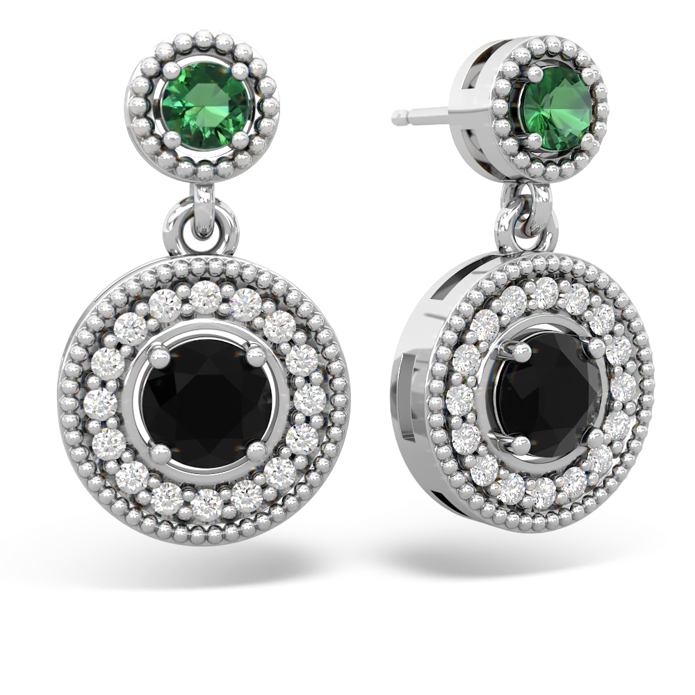 Lab Emerald Halo Dangle 14K White Gold earrings E5319