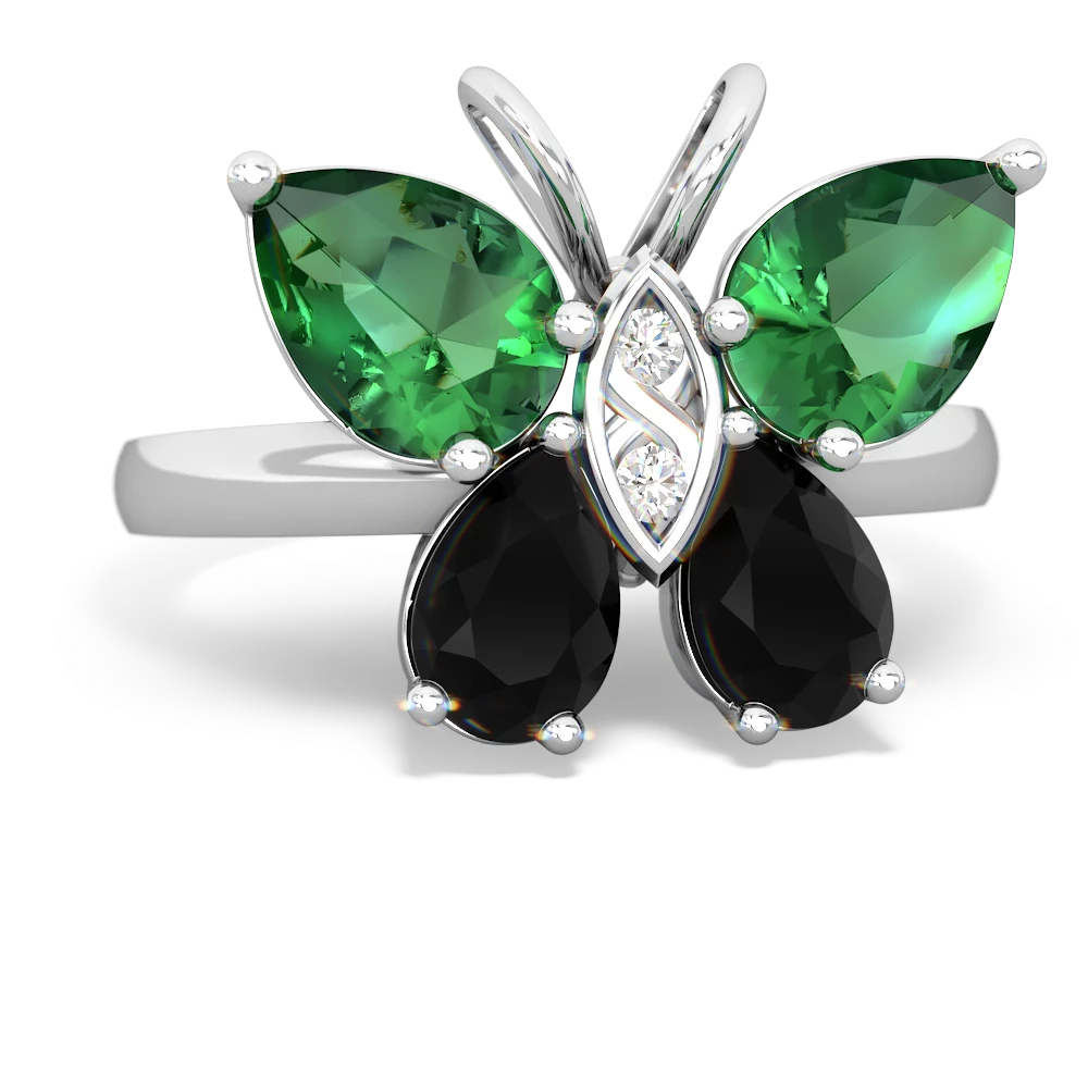 Lab Emerald Butterfly 14K White Gold ring R2215