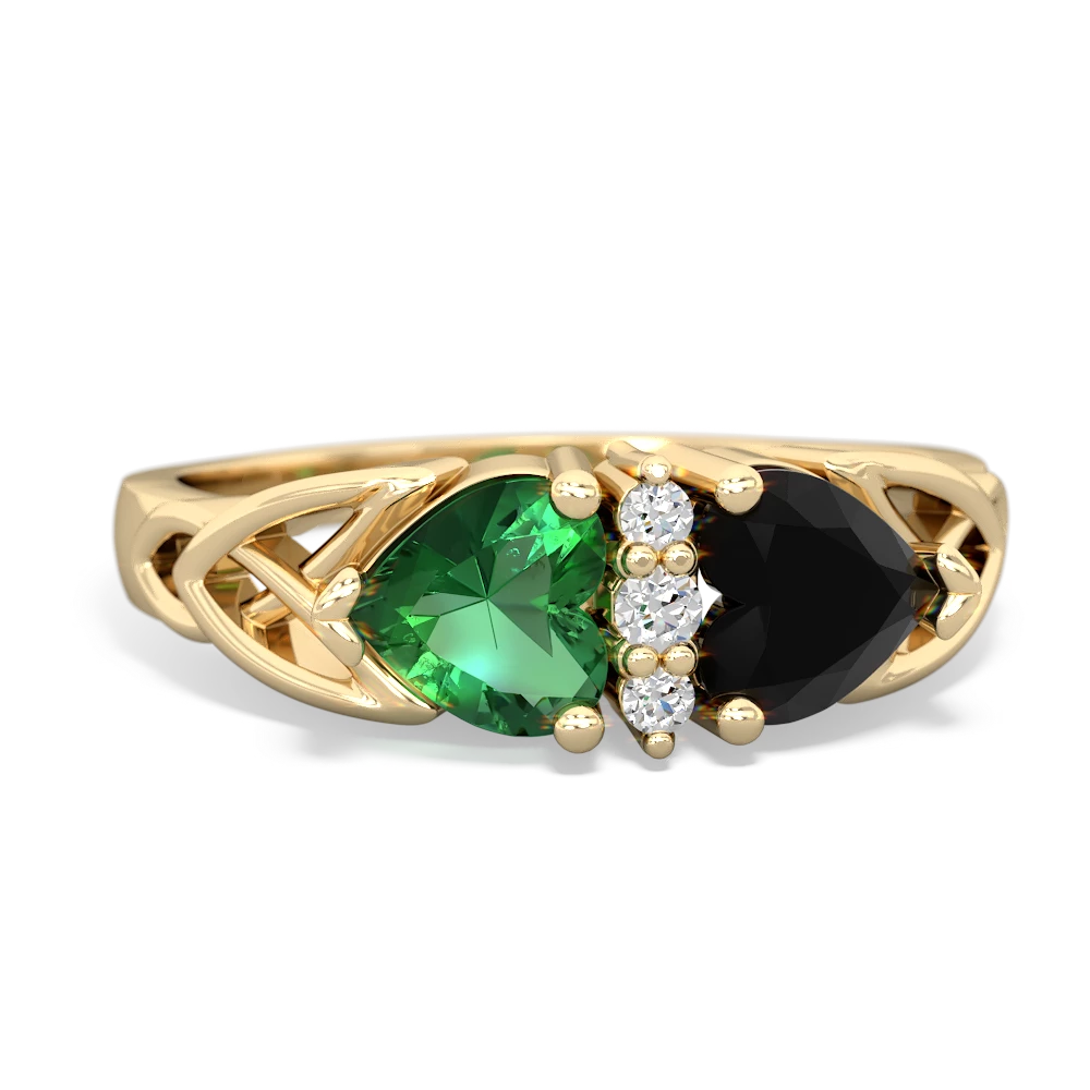 Lab Emerald Celtic Knot Double Heart 14K Yellow Gold ring R5040