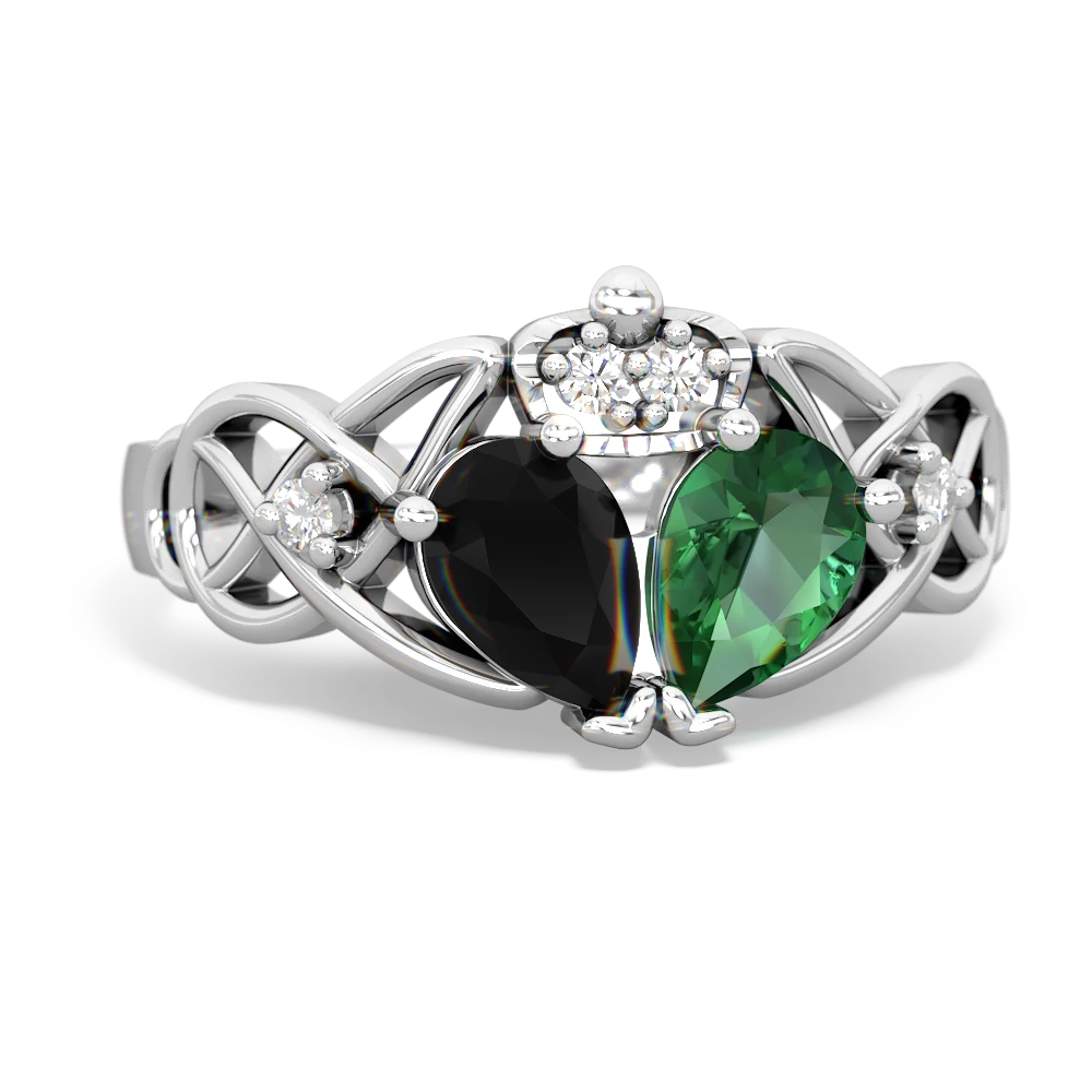 Lab Emerald 'One Heart' Celtic Knot Claddagh 14K White Gold ring R5322