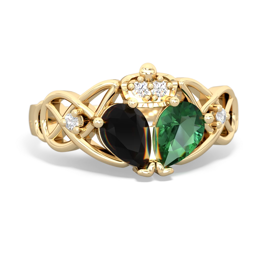 Lab Emerald 'One Heart' Celtic Knot Claddagh 14K Yellow Gold ring R5322