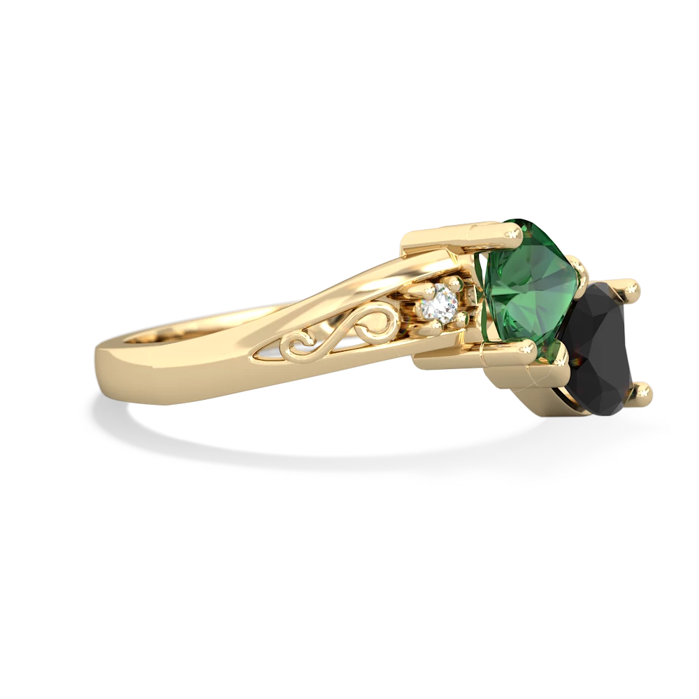 Lab Emerald Snuggling Hearts 14K Yellow Gold ring R2178