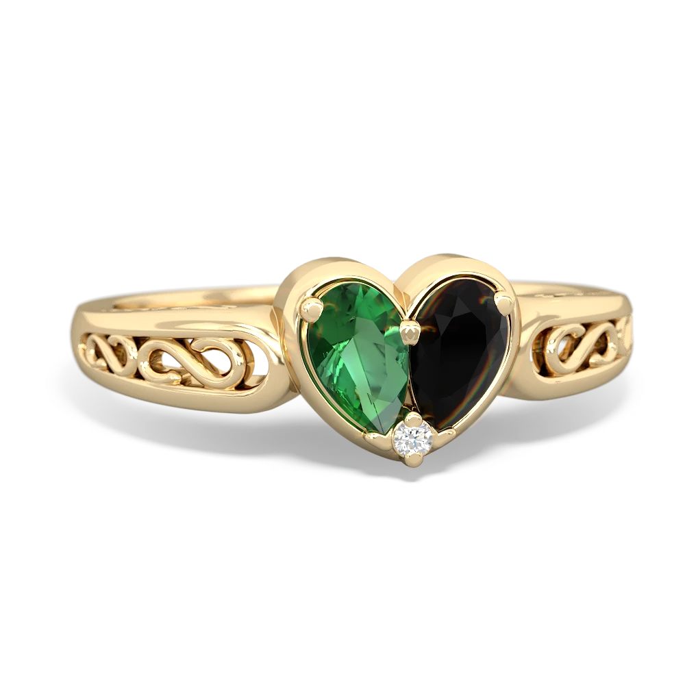 Lab Emerald Filligree 'One Heart' 14K Yellow Gold ring R5070