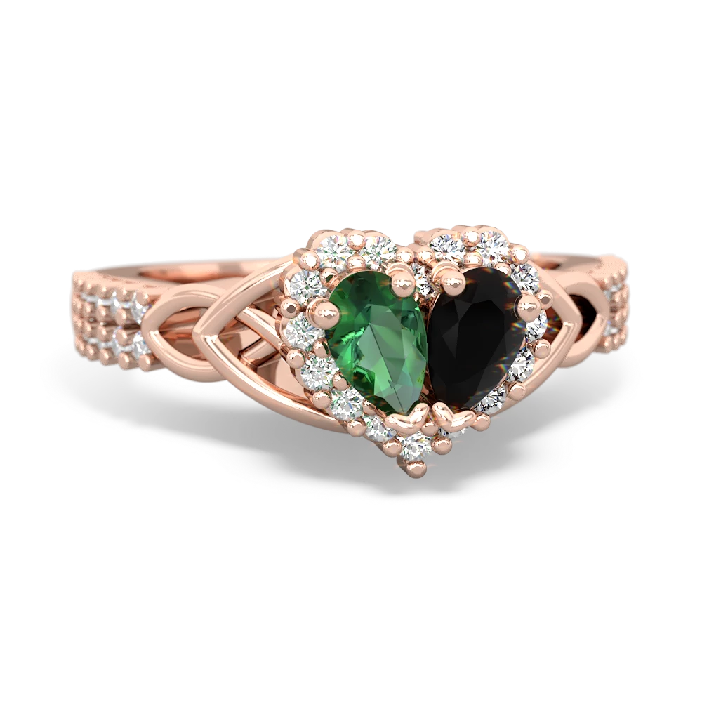 Lab Emerald Celtic Knot Two Hearts As One 14K Rose Gold ring R2644HRT