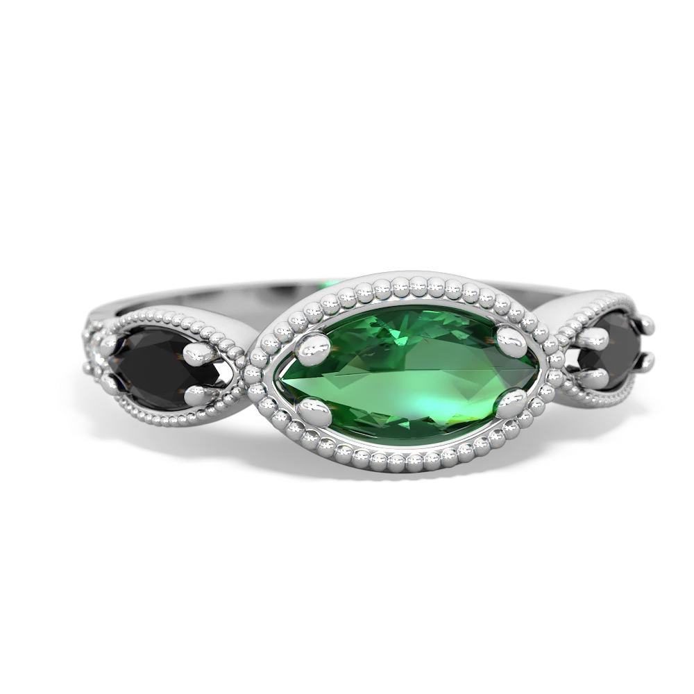 Lab Emerald Milgrain Marquise 14K White Gold ring R5700