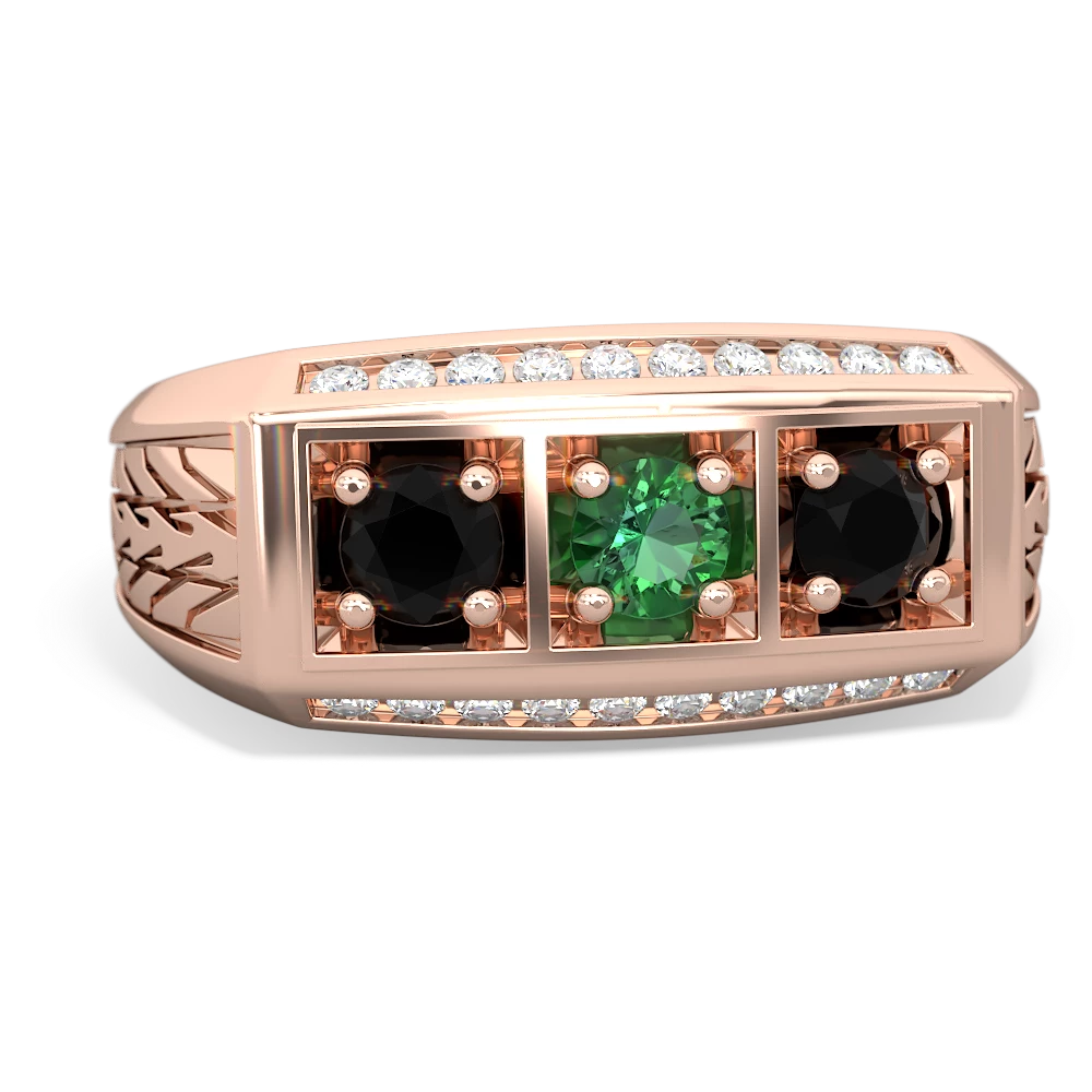 Lab Emerald Three Stone Tire Tread Men's 14K Rose Gold ring R0520