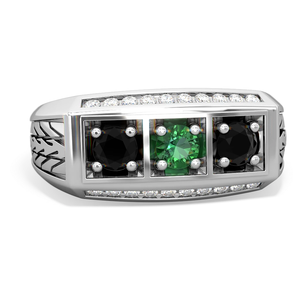 Lab Emerald Three Stone Tire Tread Men's 14K White Gold ring R0520