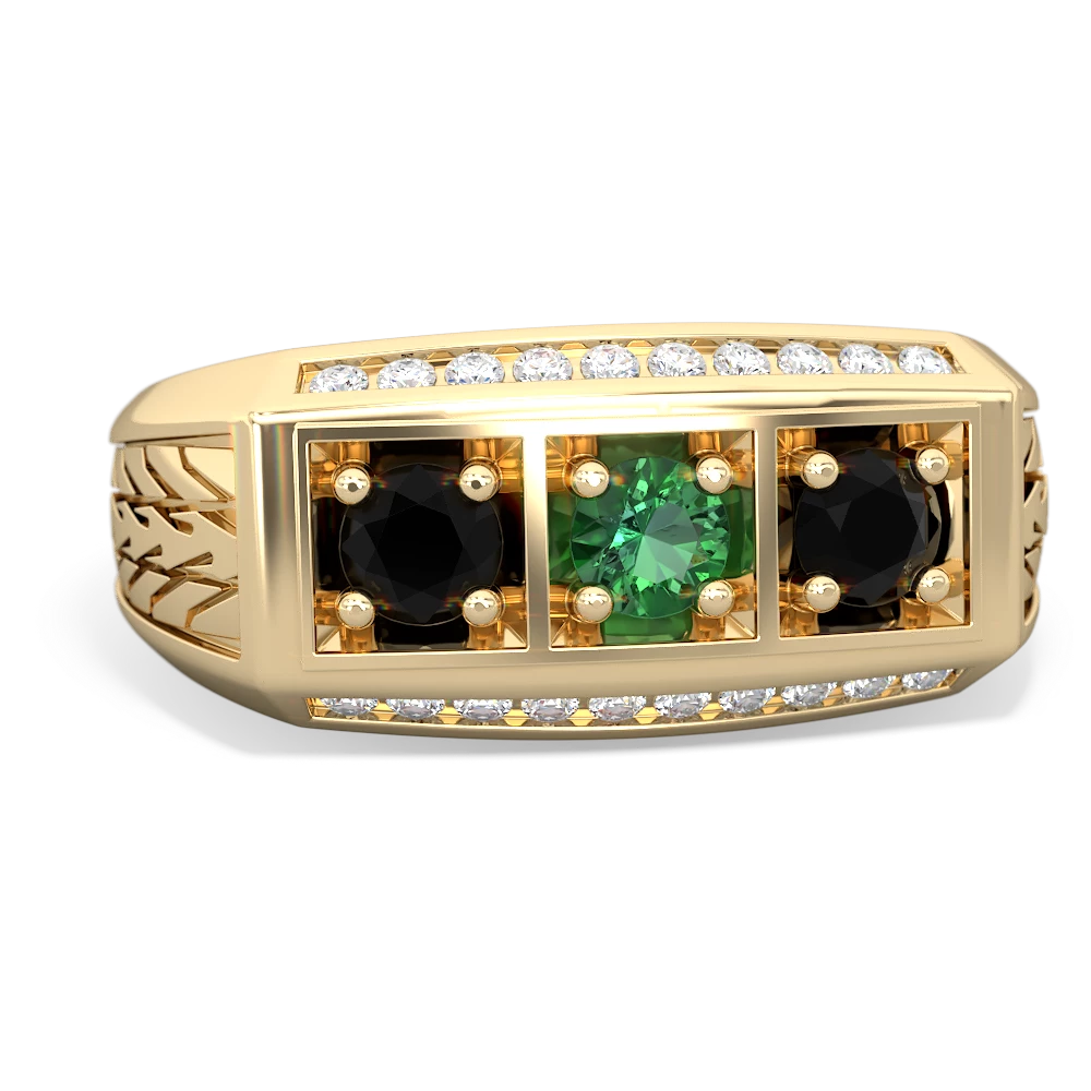 Lab Emerald Three Stone Tire Tread Men's 14K Yellow Gold ring R0520