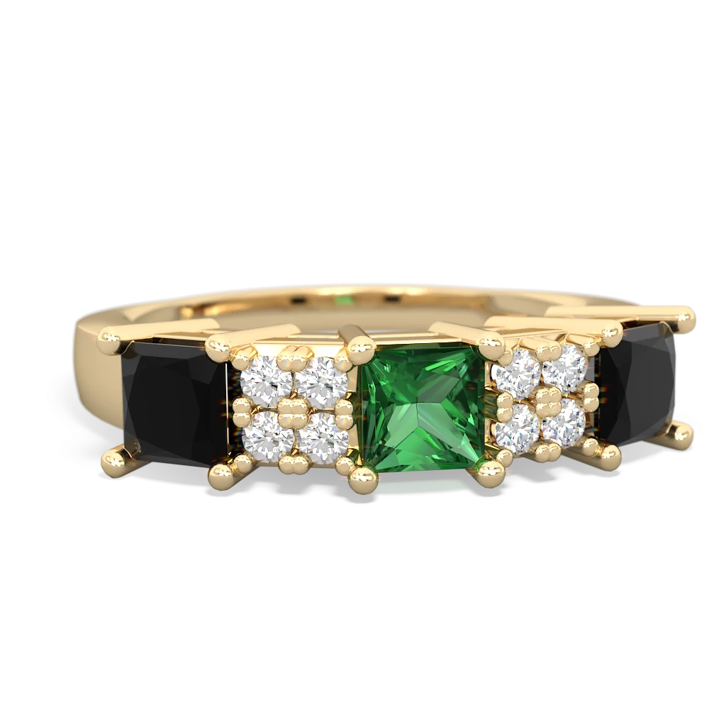 Lab Emerald Three Stone Diamond Cluster 14K Yellow Gold ring R2592