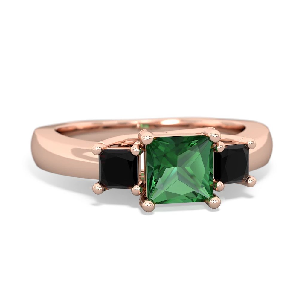 Lab Emerald Three Stone Trellis 14K Rose Gold ring R4015