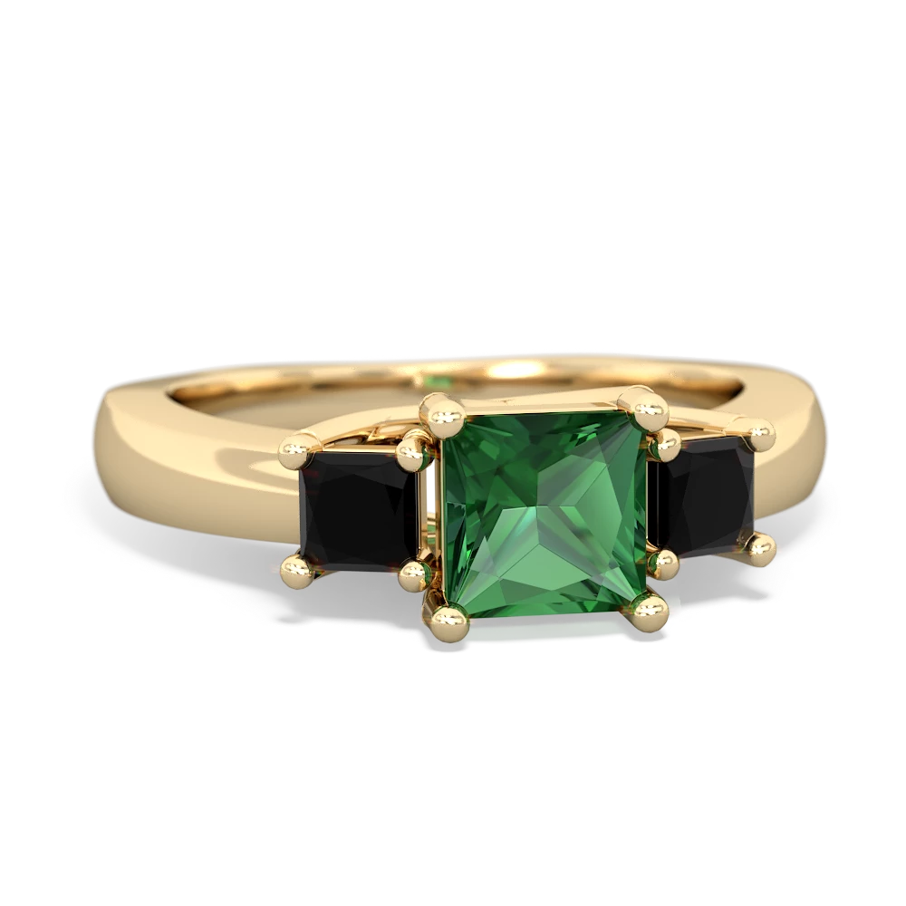 Lab Emerald Three Stone Trellis 14K Yellow Gold ring R4015