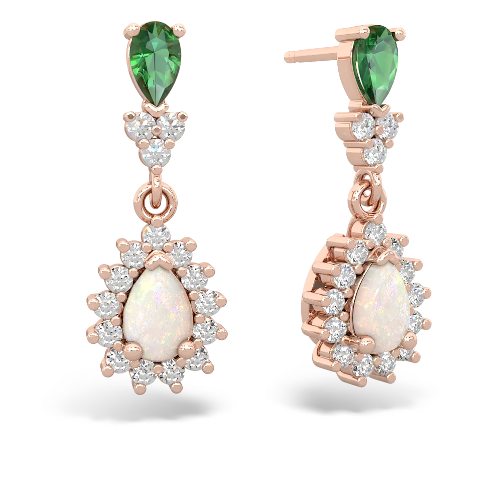 Lab Emerald Halo Pear Dangle 14K Rose Gold earrings E1882