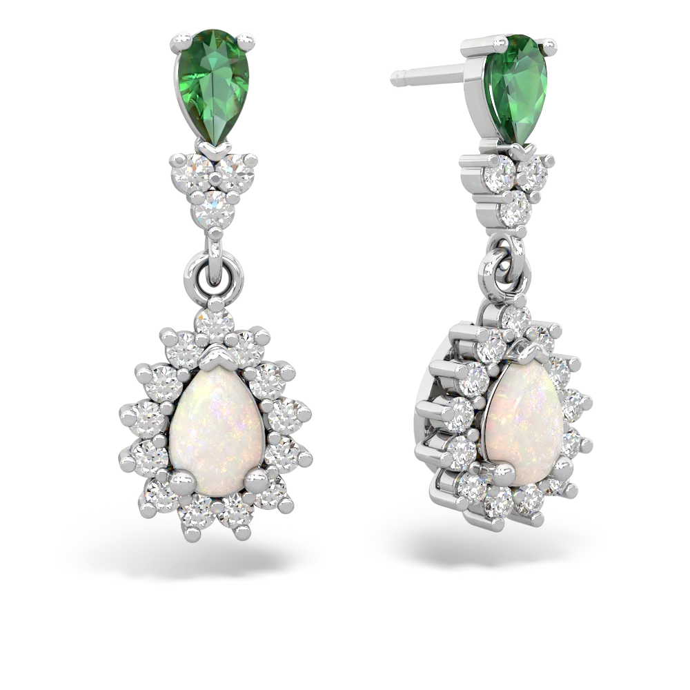 Lab Emerald Halo Pear Dangle 14K White Gold earrings E1882