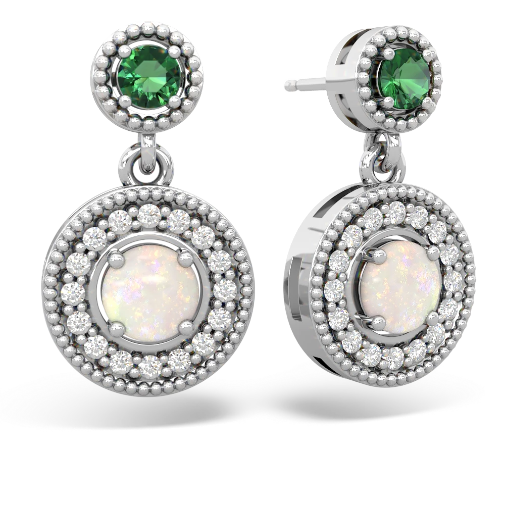 Lab Emerald Halo Dangle 14K White Gold earrings E5319