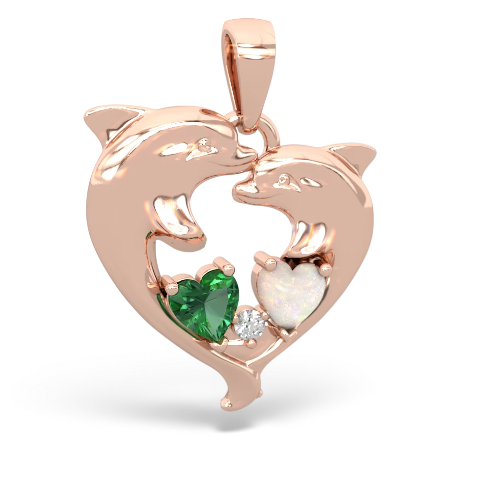 Lab Emerald Dolphin Heart 14K Rose Gold pendant P5820