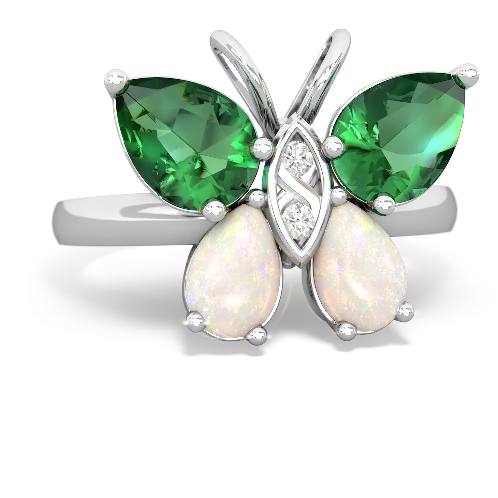 Lab Emerald Butterfly 14K White Gold ring R2215