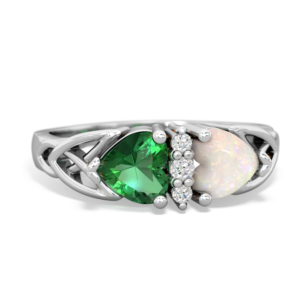 Lab Emerald Celtic Knot Double Heart 14K White Gold ring R5040