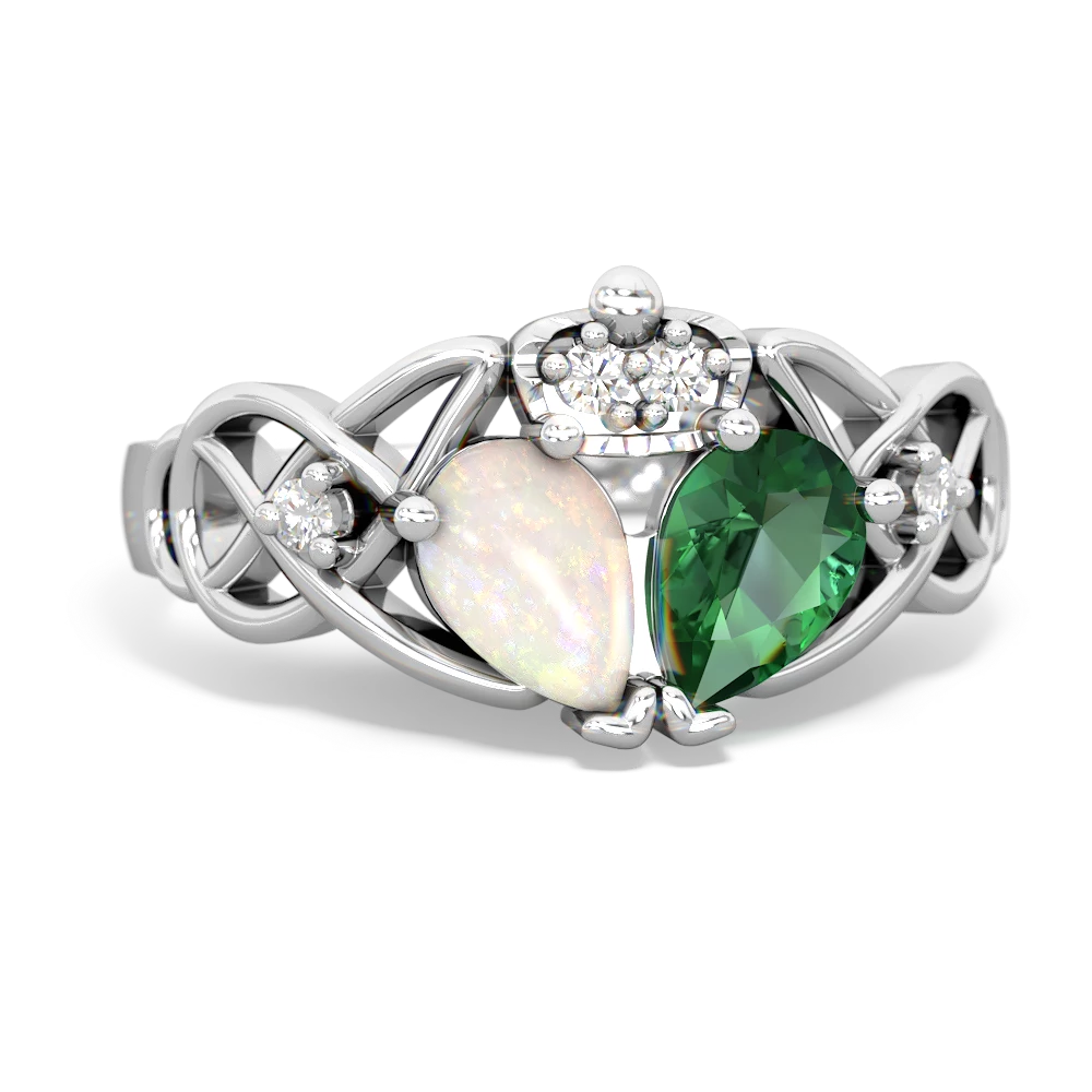 Lab Emerald 'One Heart' Celtic Knot Claddagh 14K White Gold ring R5322