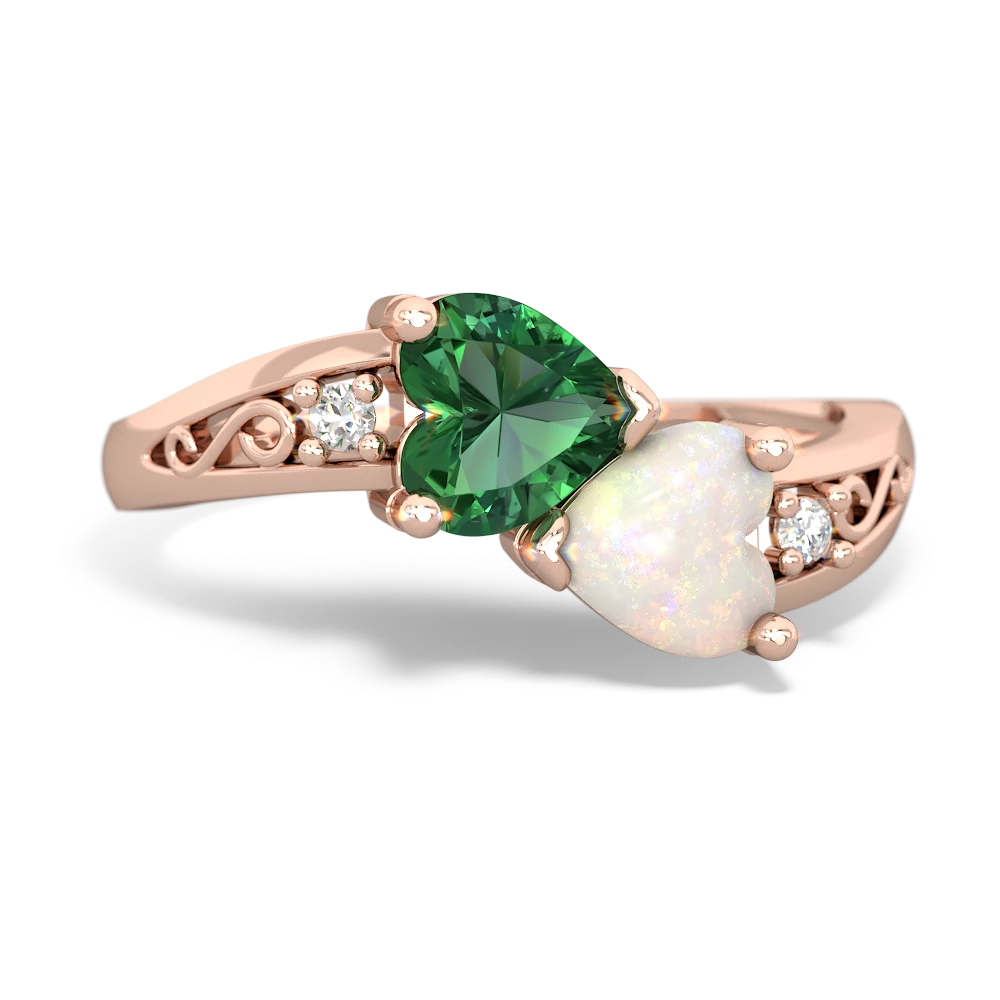 Lab Emerald Snuggling Hearts 14K Rose Gold ring R2178