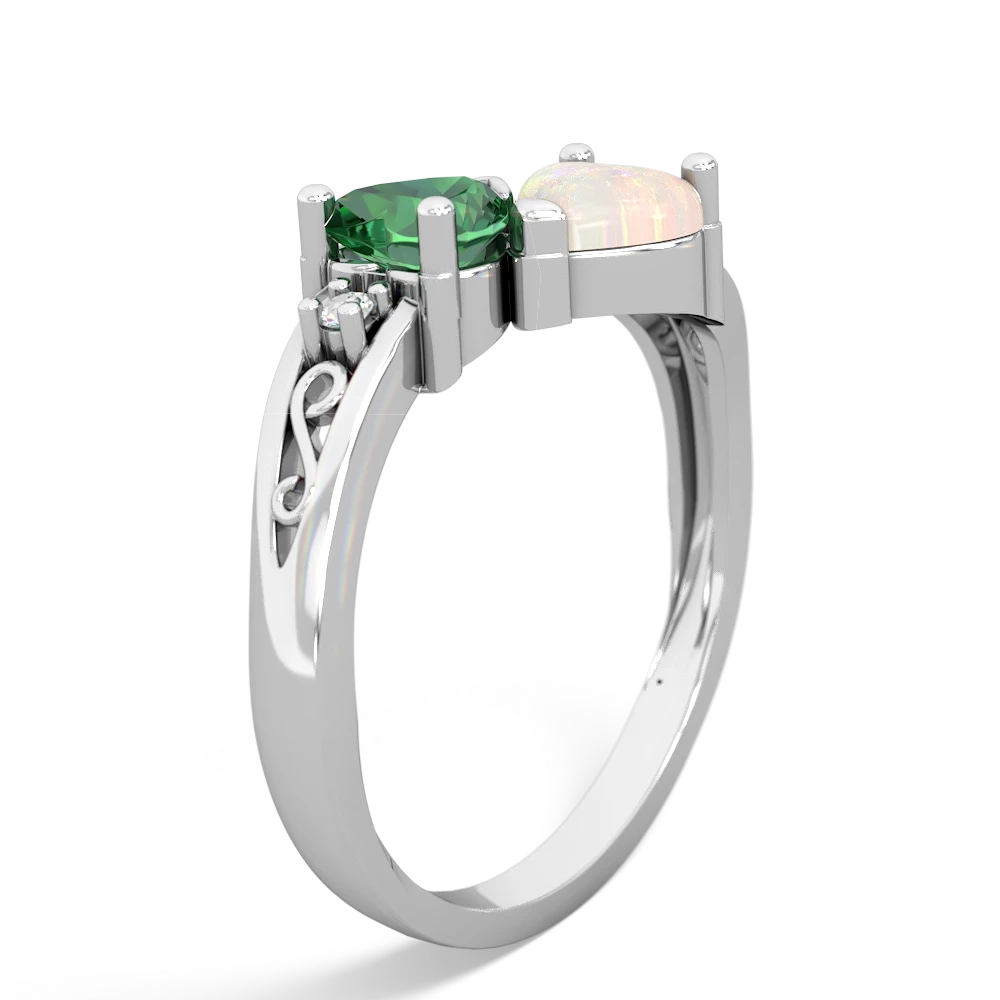 Lab Emerald Snuggling Hearts 14K White Gold ring R2178