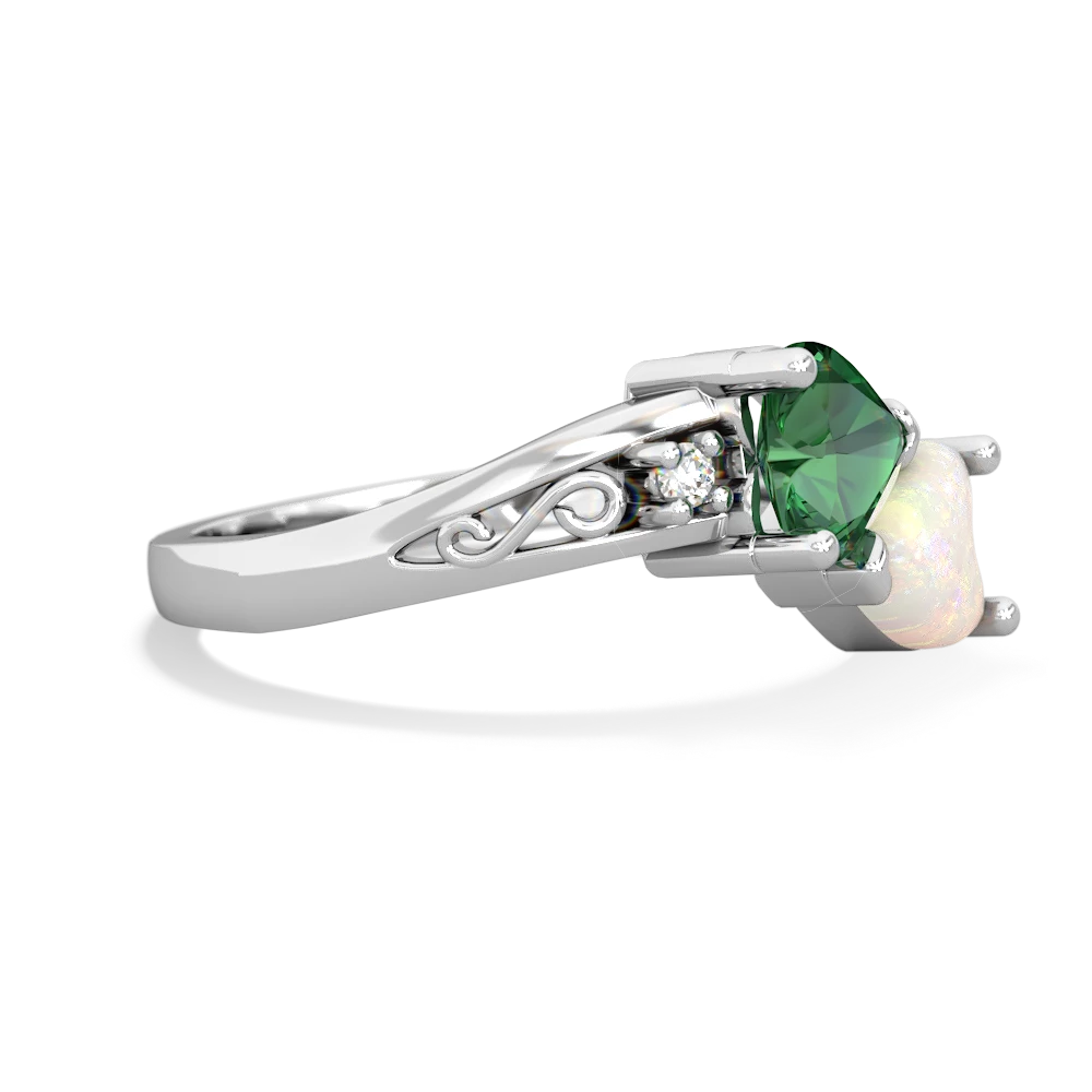 Lab Emerald Snuggling Hearts 14K White Gold ring R2178