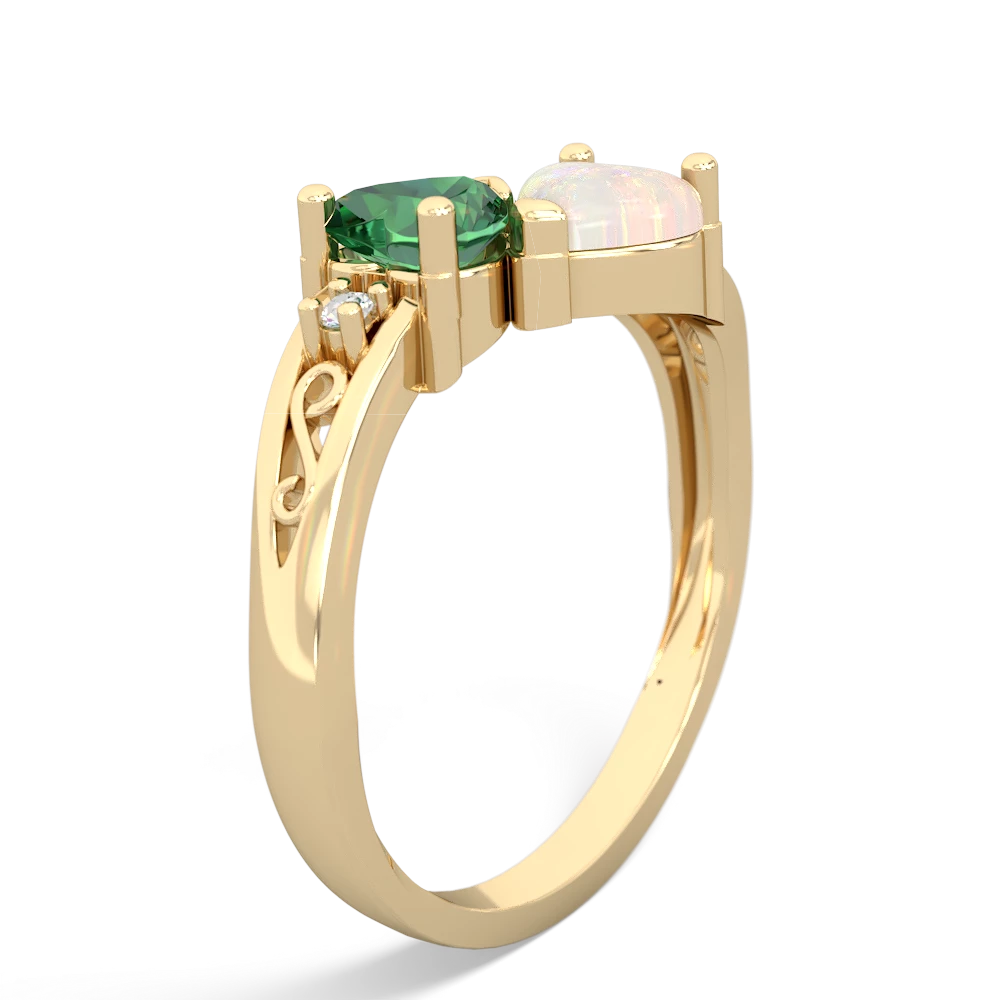 Lab Emerald Snuggling Hearts 14K Yellow Gold ring R2178