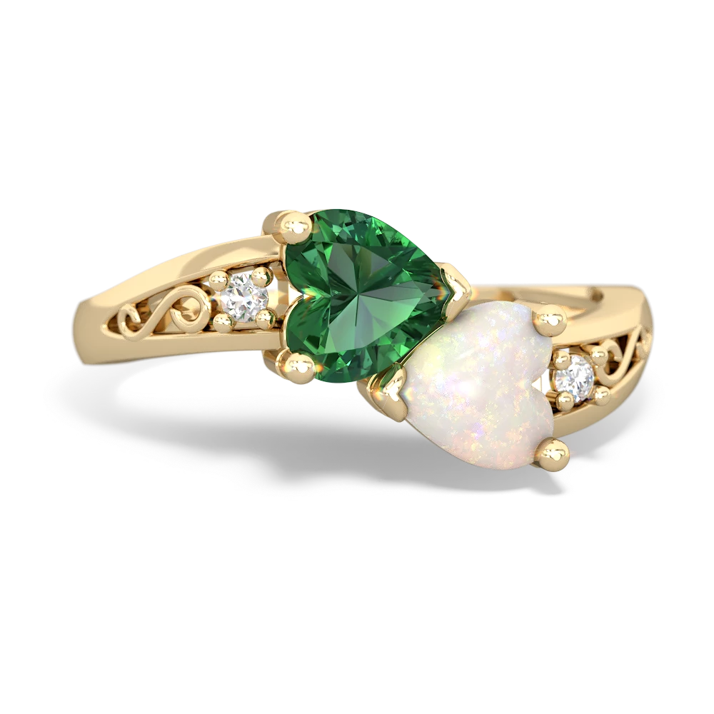 Lab Emerald Snuggling Hearts 14K Yellow Gold ring R2178